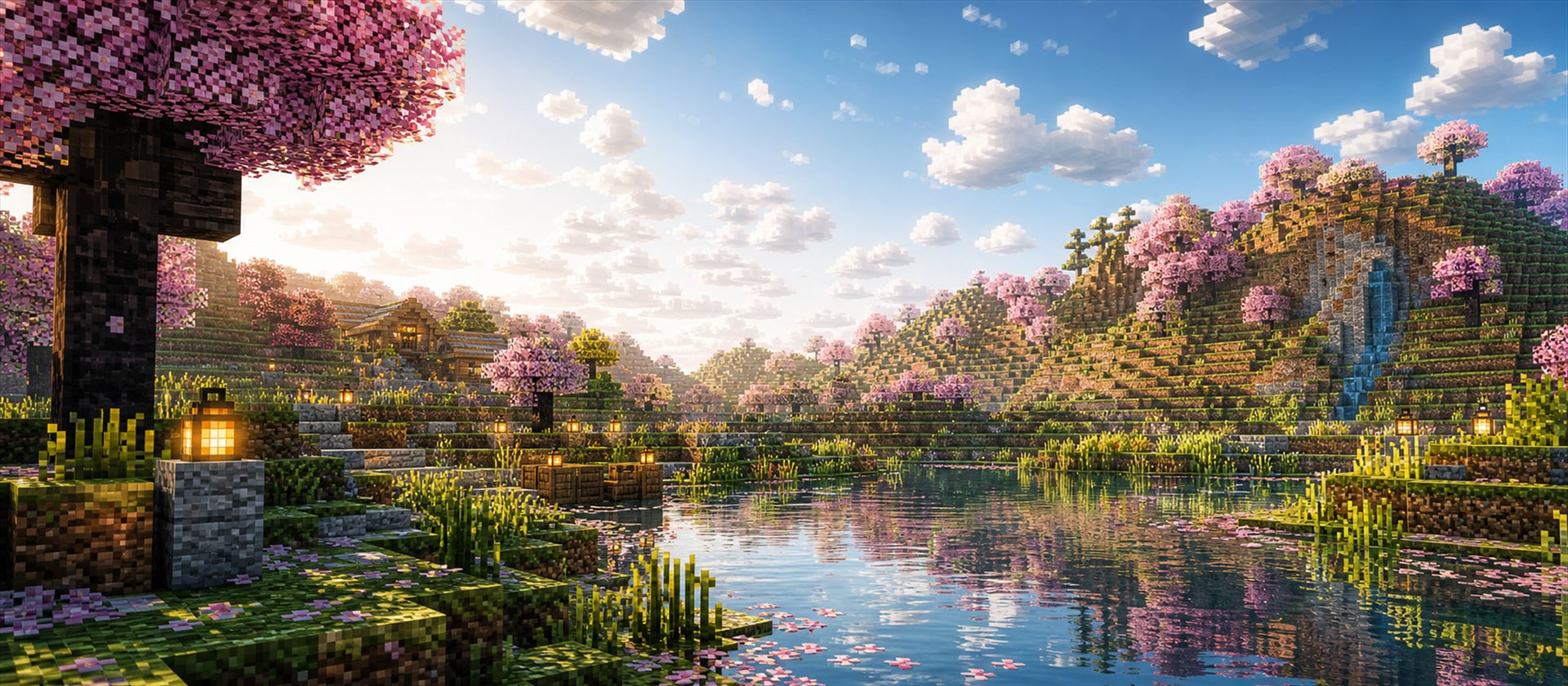 Cherry blossom voxel world landscape